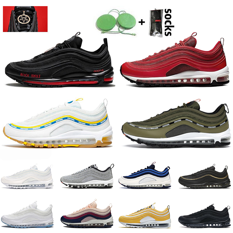 

High Quality 97s Running Shoes Men Women Undefeated UCLA Bruins MSCHF Lil Nas X Satan Sneakers University Red NDFTD Black Militia Green Trainers, A39 premium bold pull tabs 36-45