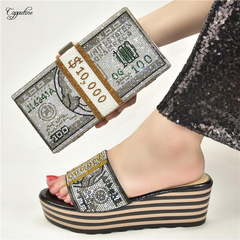 

Dress Shoes Black Ladies And Bag Set African Women Wedge High Heels Platform Slippers With Purse Handbag Summer Pumps 938-10 6.5CM