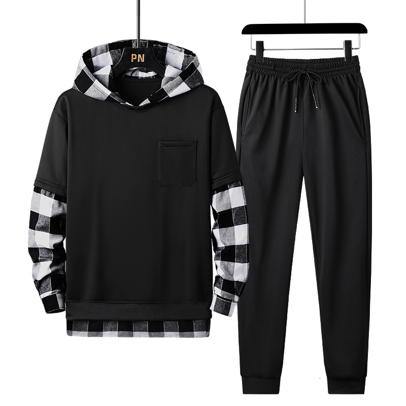 

2021 New Spring Autumn Mens Tracksuit Men Plaid Patchwork Hoodies + Pants Pieces Set Fashion Studen Sports Suit Streetwear 4xl QZWG, Hc2288black