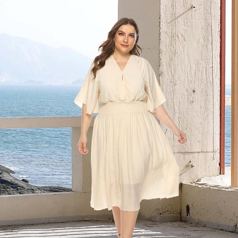 

Plus Size Dresses Elegant Women Dress Fashion V-Neck Leisure High Waist Plain Midi OL Casual Short Sleeve Party Vestidos 4XL, Black