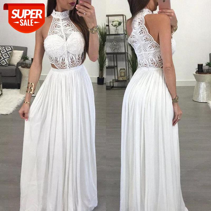 

Fashion Lace Maxi Dress Ladies Backless Sexy Hollow Out Skinny Summer Boho Elegant Women Evening Party Halter Sleeveless Dress #FZ5P, Black;gray