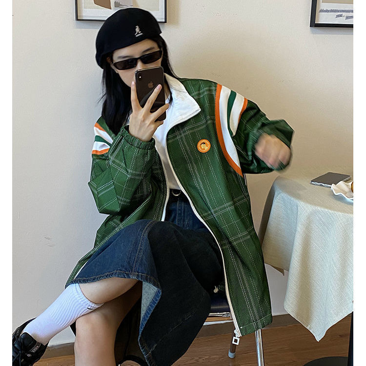 

2021 New Deeptown Stripe Impresso Feminina Outono Plus Size Moda Casaco Feminino Casual All-match Vintage Roupas Jaqueta Das Mulheres Jqsn, Green