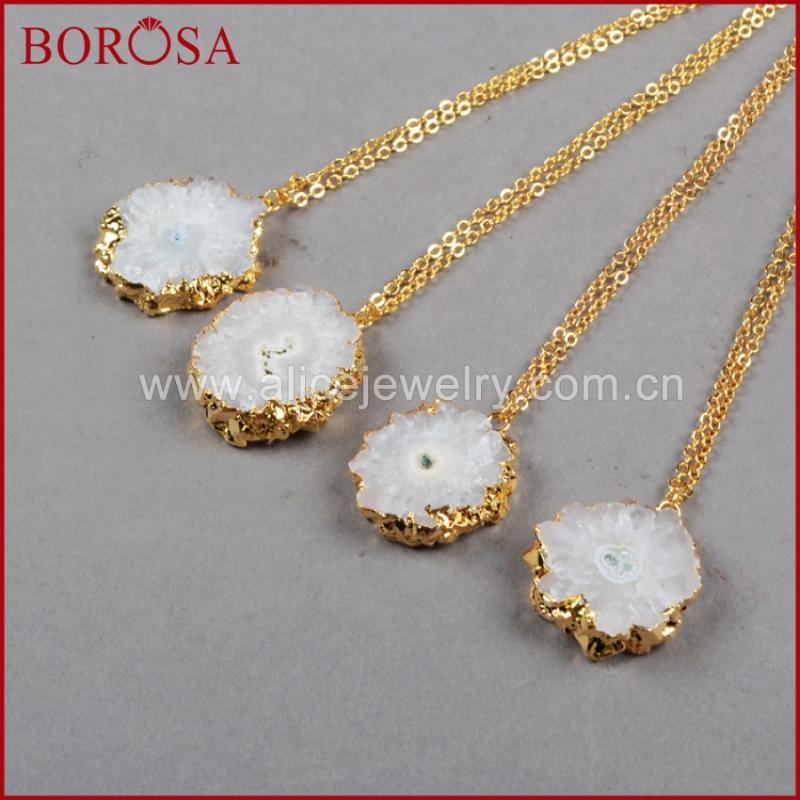 

Pendant Necklaces Design Solar Quartz Necklace Druzy Golden Chain Sun Flower White Jewelry G226