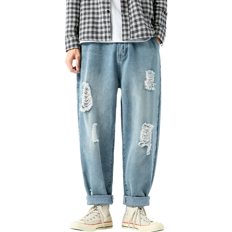 

2021 New Men's Vintage Straight Jeans Ripped Plus Size Hip Hop Blue Jean for Mens Denim Pants Men Fashion Trousers 92jf