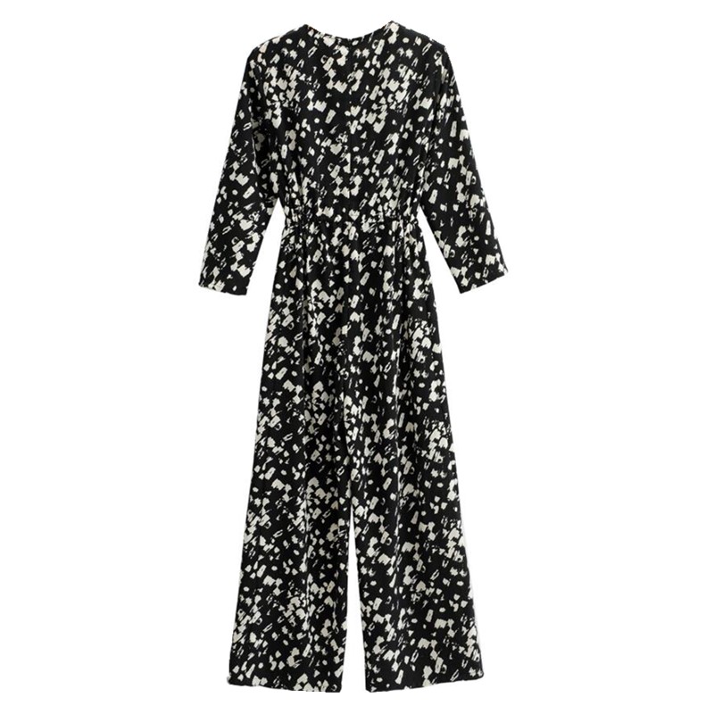 

2021 Spring Adjust Waist Dot Print Long sleeve Jumpsuit Women O neck Wide Leg Full Length Pants Romper Overalls Holiday, Red