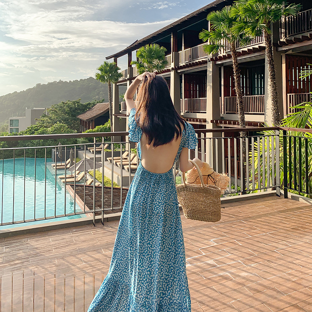 

2021 Bohemian Printed Blue Backless Sexy Boho Dress Summer Floral Beach Vacation Dress Female V-neck Irregular Vestidos, Black;gray