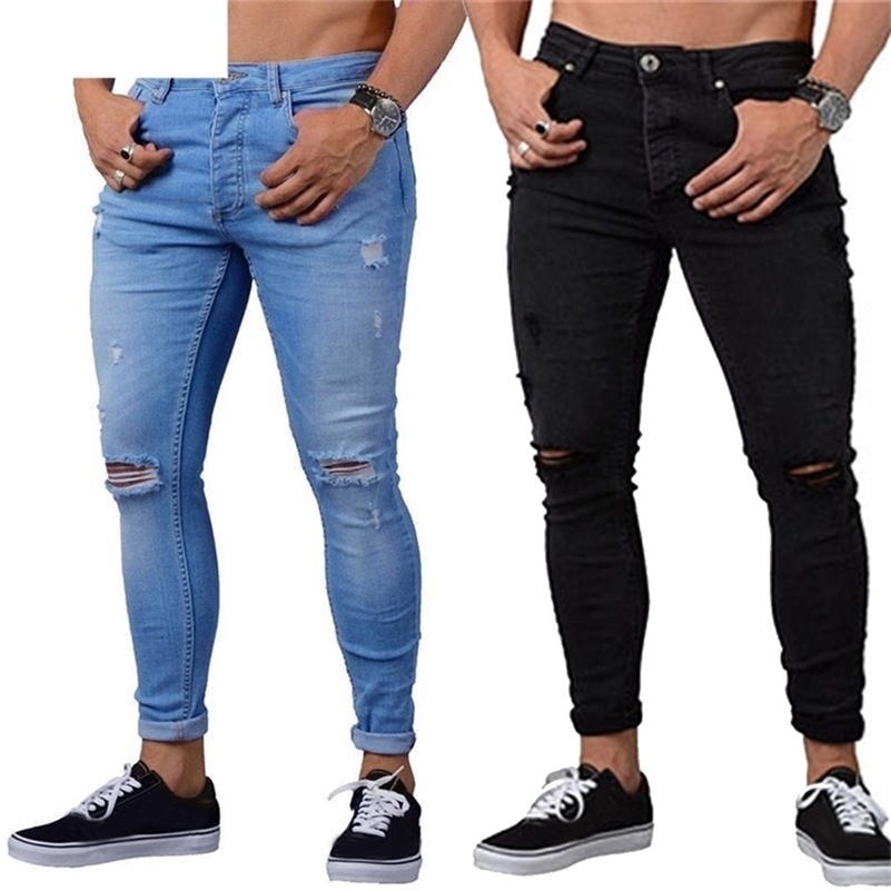 

JAYCOSIN Men Pants Mens Skinny Stretch Denim Pants Distressed Ripped Freyed Slim Fit Jeans Trousers Fit Style LJ201023, Blue