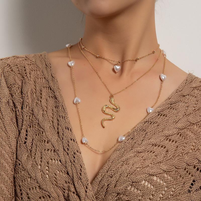 Pendant Necklaces Fashion Elegant Heart Pearl Snake Necklace For Women Punk Multilayer Chains Geometric Clavicle Colar Jewelry-image-710521935