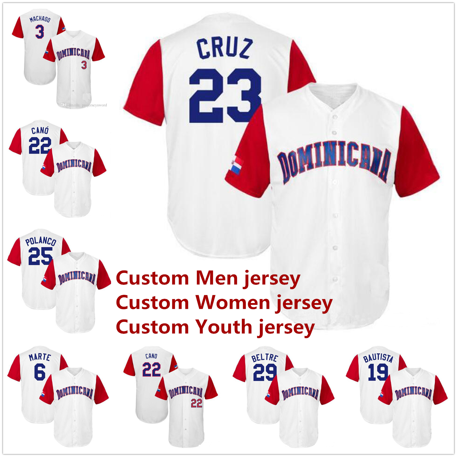 

Custom Dominican Republic World Baseball Classic WBC stitched Jersey Manny Machado Starling Marte Jose Bautista Robinson Cano Nelson Cruz, White