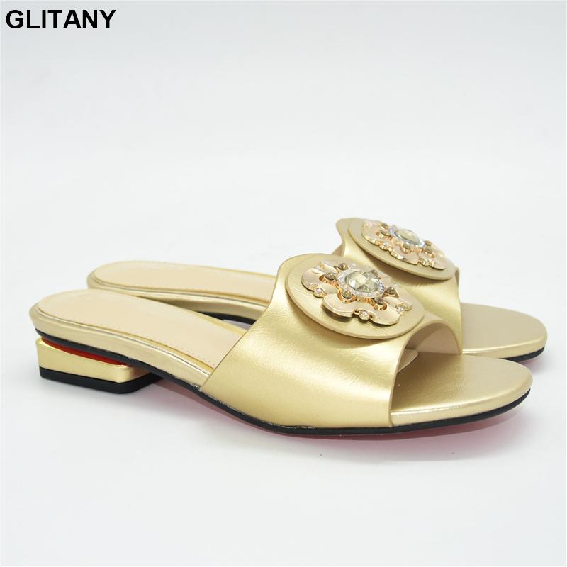 

Nigerian Women Party Pumps High Heels Women Luxury 2021 Rhinestone Wedding Party Shoes African Special Materials low heels 3.5CM, Gold