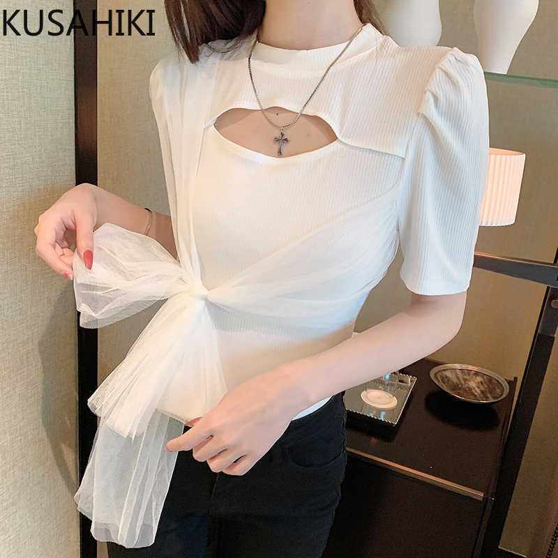 

KUSAHIKI Summer Korean Slim T Shirts Korean Hollow-out Mesh Bow Tie Graphic Tees Puff Sleeve O-neck Women Tshirt 6G926 210602, White