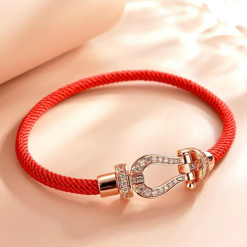 Bangles Bracelet Fei's Horseshoe Clasp Full of Diamond Leather Rope