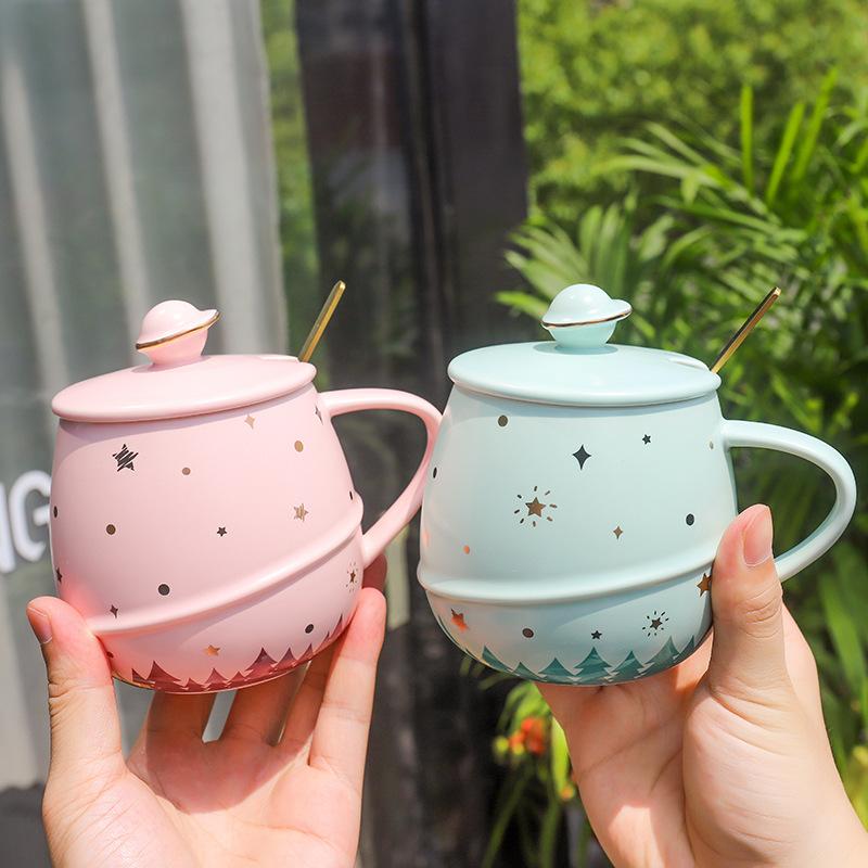 

Mugs Korean Planetary Ceramic Cup With Lid And Spoon Office Coffee Mug Student Art Creative Gift Tumbler Cups In Bulk Cute, Green