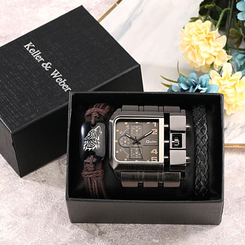 

Wristwatches Luxury Personality Men'S Watch Bracelet Set Quartz Leather Strap Pin Buckle 2 Pieces Of Brown Gift
