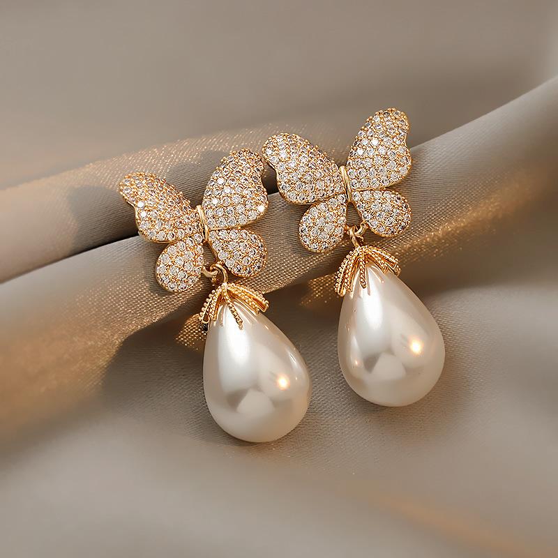 

Dangle & Chandelier LOVOACC Elegant Shinning Rhinestones Butterfly Earrings For Women Waterdrop Pearl Insect Wing Wedding Jewelry, Silver