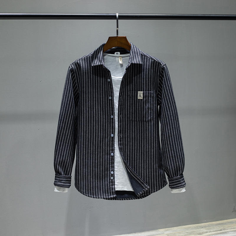 

2021 New Brand Italy Autumn and Winter Veet Warm Long Sleeve Striped Shirts for Men Casual Fashion Shirt Mens Chemise 3zht, Black