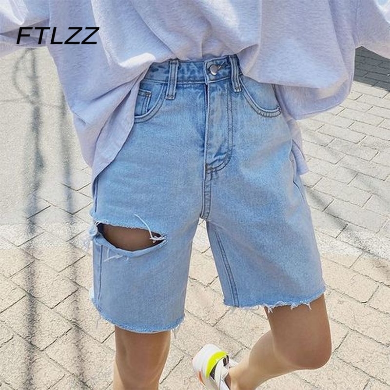 

Streetwear Denim Short Korean Casual Knee Length Hole Baggy Jeans Woman Summer Short Feminino 210602, Blue