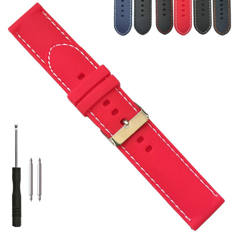 

Watch Bands 22mm Contrast Stitched Silicone Rubber Band Strap For Fashion Casual Watches Black White Blue Red Orange