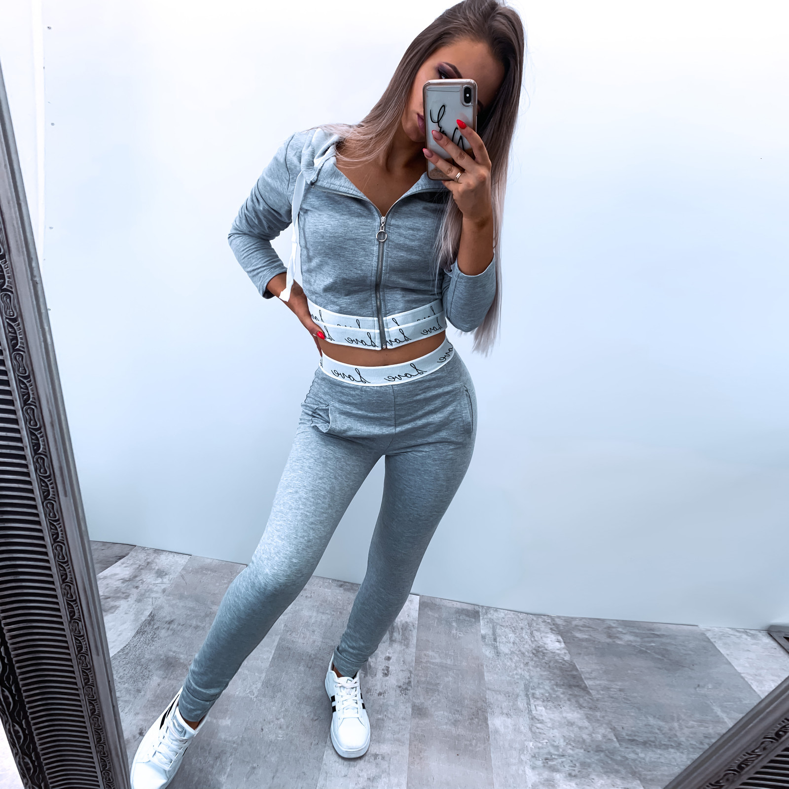 

2021 New Autumn Casual Letter Hoodies Tracksuit Women Two Piece Sets Tops Grey Winter Sweatpant Pieces Set Sportwear Sweatershirt Yclt, Gray