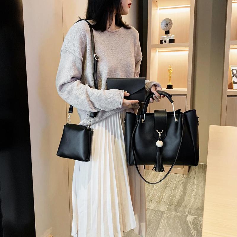 

3pcs/set Fashion Women Beads Tassel Crossbody Bag PU Leather Clutch Card Ladies Casual Pure Color Shoulder Bucket Bags, Red