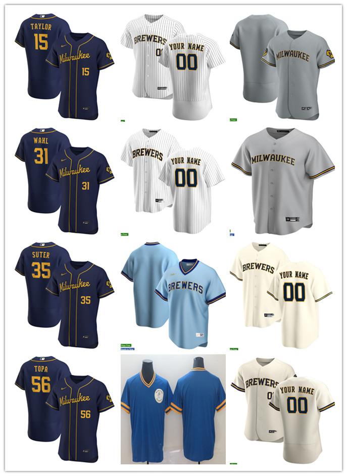 

Men Women Youth 35 Brent Suter 15 Tyrone Taylor 56 Justin Topa 31 Bobby Wahl Custom Baseball Jersey Blank white gray beige navy blue, Colour