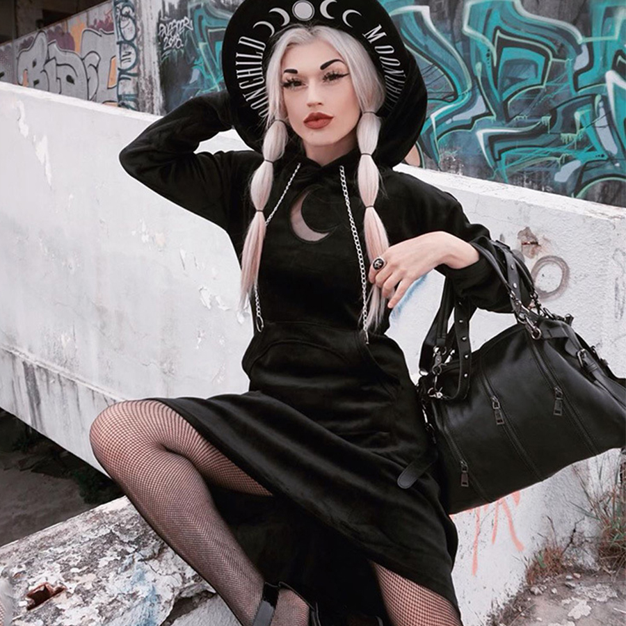 

2021 Moon Embroidery Black Gothic Hoodie Women Sweatshirts Vintage Design Flannel Cloth Streetwear Casual Girls Winter Tops 1rwn