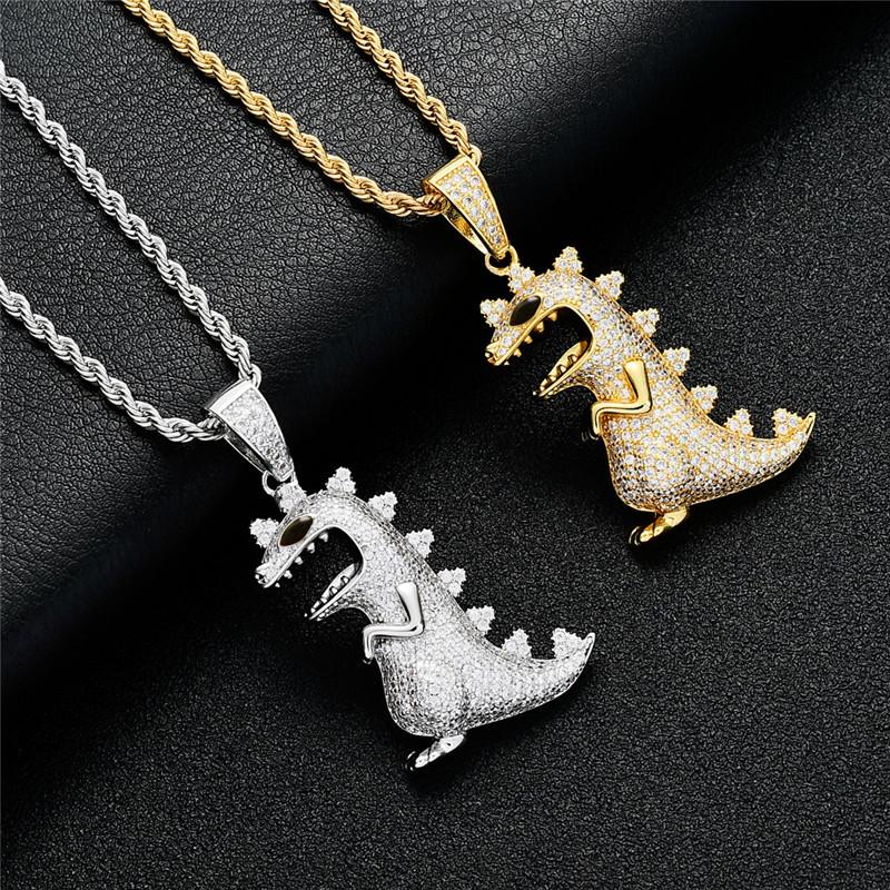 

Pendant Necklaces Iced Out Cartoon Dinosaur Full Cubic Zircon Necklace Cool Hip Hop Jewelry Gift For Men Party