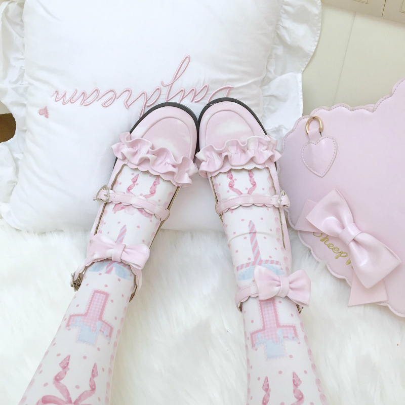 

Sweet Belt Buckle Lolita Woman Solid-colored Low-women Pink Heels Kawaii Anime Cosplay Cos Shoes Xbri