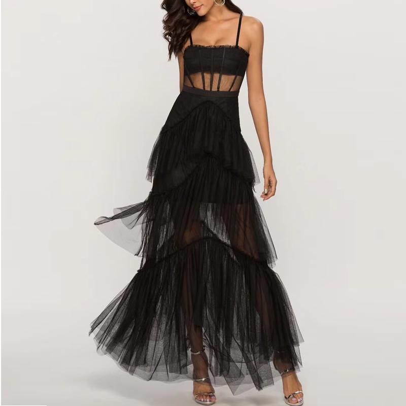 

Casual Dresses Spaghetti Strap Women Black Dress Sexy Pink Layered Party Long