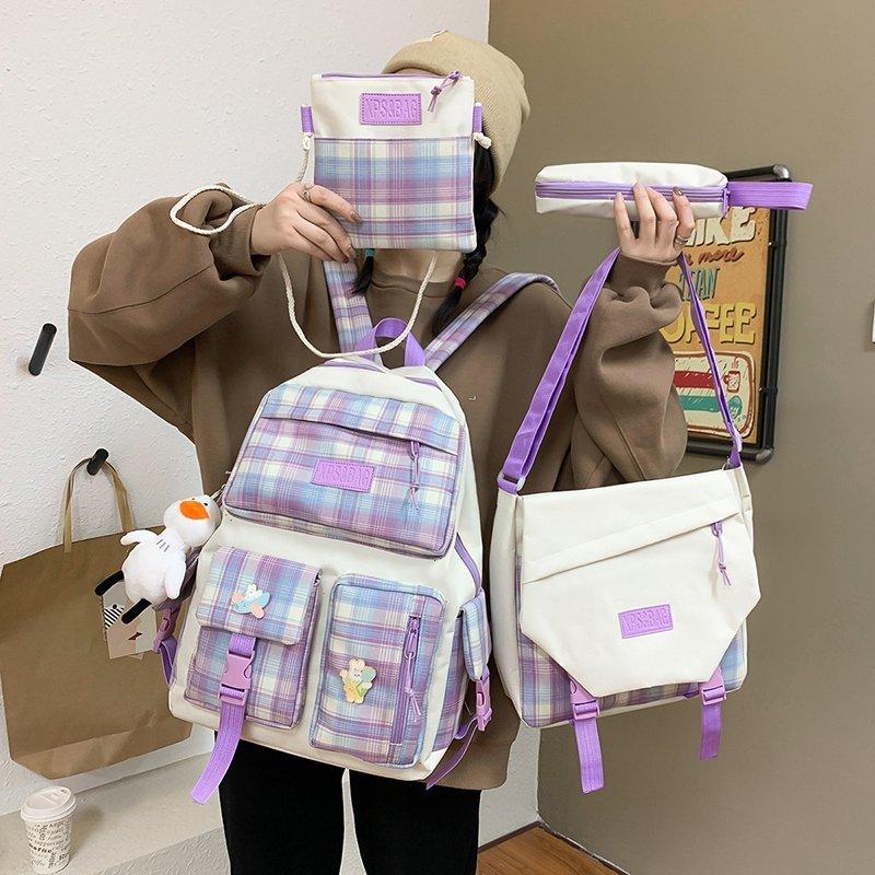 

School Bags 4 Pcs Sets Backpack Kawaii Canvas For Teenager Girls Women College Cute Shoulder Bag Mochila, Purple 1 piece