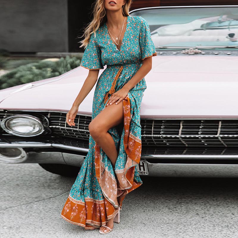 

women sexy split Bohemian dress print summer dress short sleeve ruffled long maxi dress v-neck drawstring lady vestidos, Black;gray