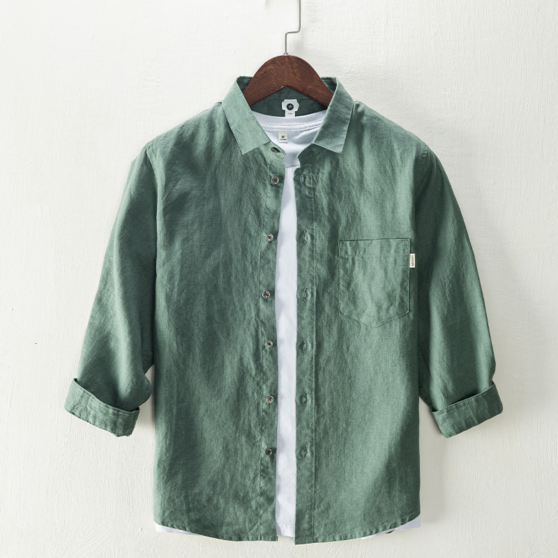 

2021 Spring and Summer Neat Linen Three-quarters Mark Male Fashion Shirts for Solid Breathable Men's Shirt Jbw9, White