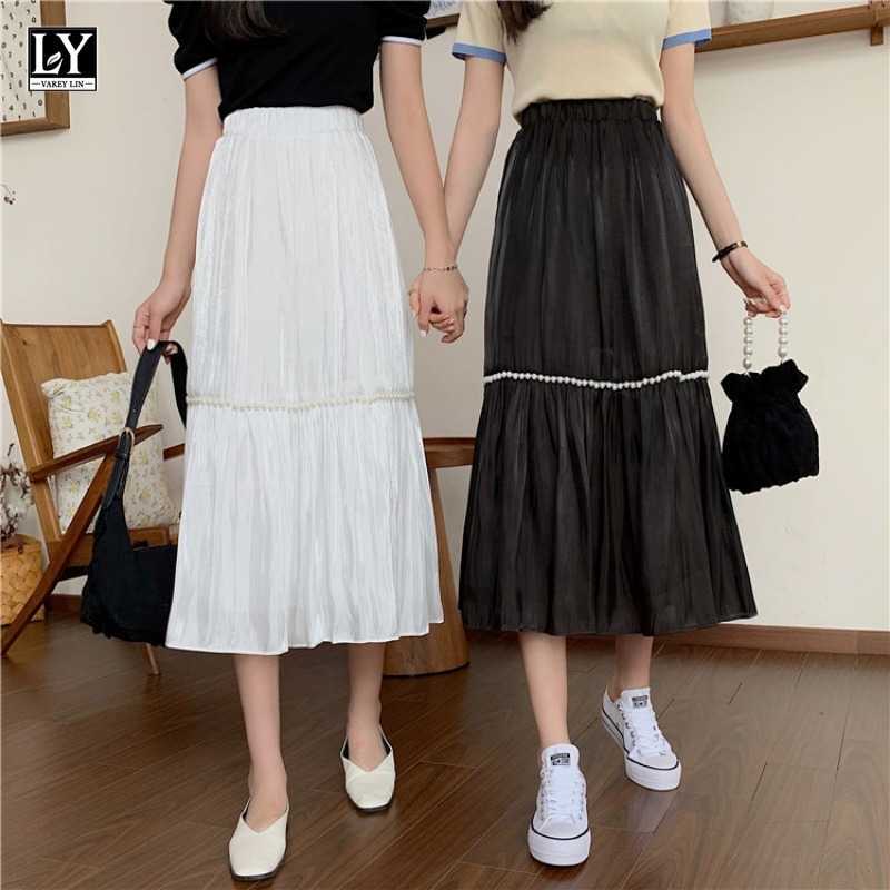 

LY VAREY LIN Spring Summer Casual Women High Waist Solid Color White Skirts Fashion Female Folds A-line Mid Length 210526, Black