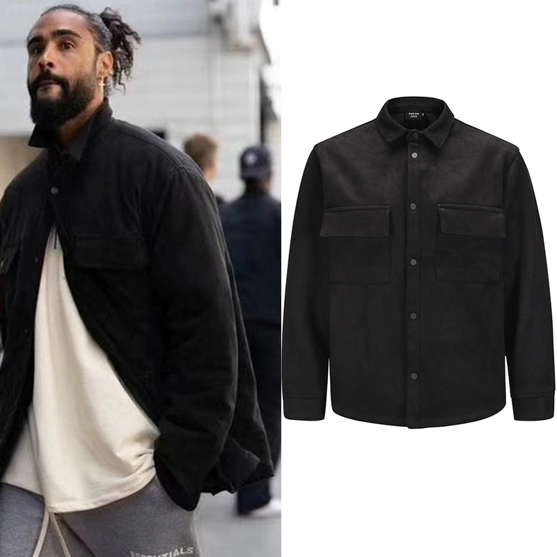 

2021 New Harajuku Camura Duplo Acolchoado Velo Camisas Dos Homens Grosso Lapela Streetwear Oversize Preto Bolsos Superiores Solto Camisa Cas, Black