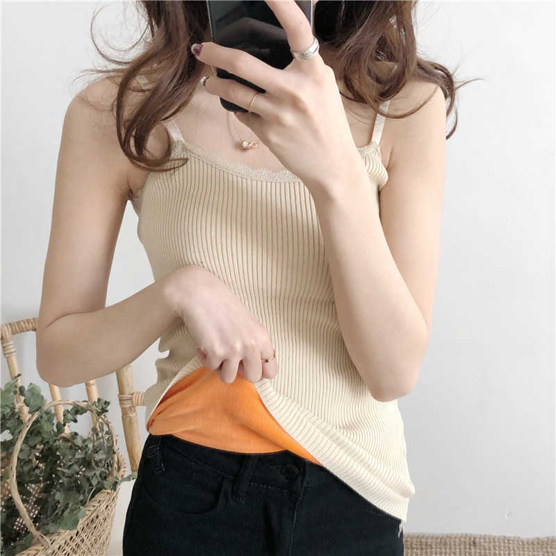 

Winter Thick Velvet Camis Top Women Patchwork Lace Pullovers SEXY Female Warm Tank Tops 210601, Beige