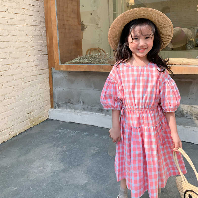 

Spring summer girls plaid casual long dress children kids cute shorts sleeve beach dresses clothes 210615, Pink