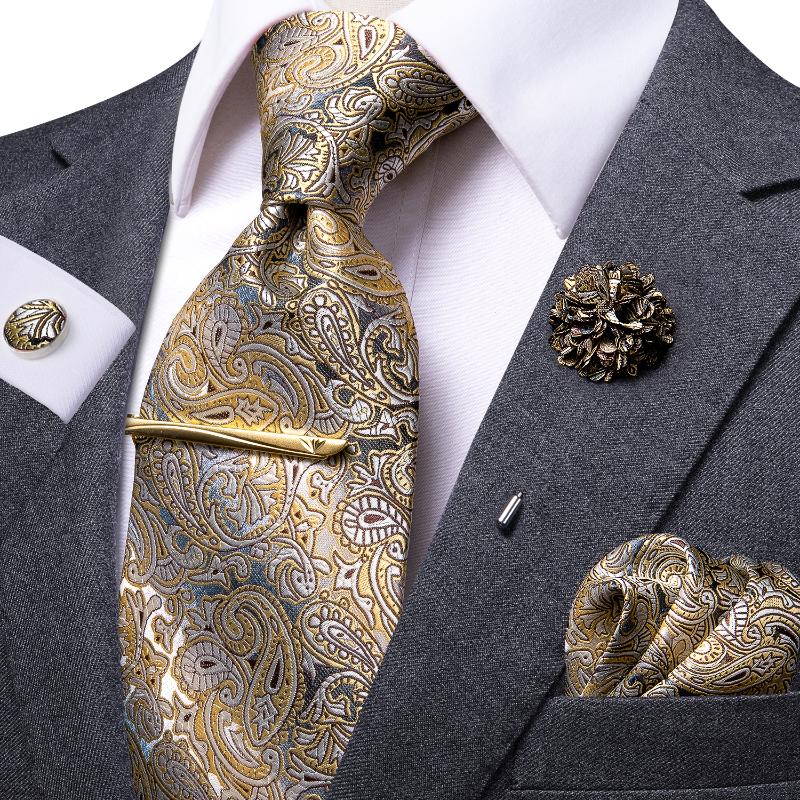 

Bow Ties Hi-Tie Yellow Brown Paisley Tie For Men Silk Men's Clip Gift Luxury Necktie Hanky Cufflinks Set Formal Wedding