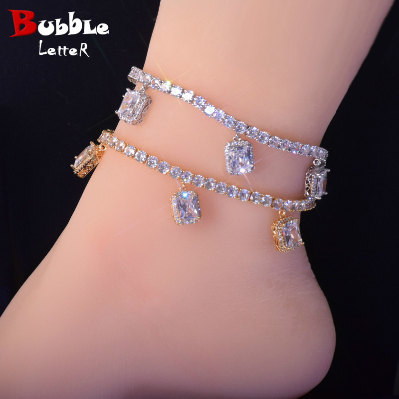 

With White Crystal 4mm Tennis Chain Anklets Hip Hop Jewelry Gold Color Women Feet Link adjustable