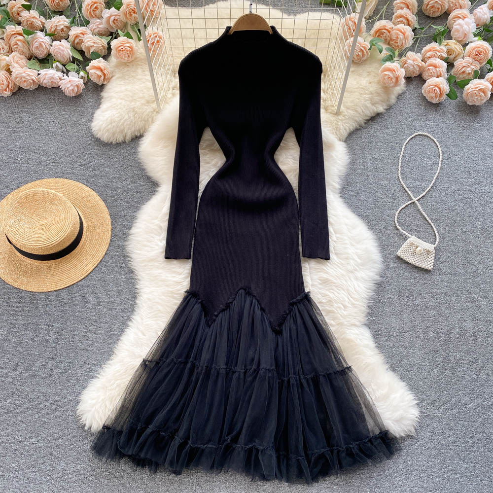 

Women Fashion Stand Neck Knitted Casual Dresses Autumn and Winter Slim Mesh Stitching Fishtail Long Sleeve Vintage Clothes Vestidos 2022 Mermaid Sexy, Black