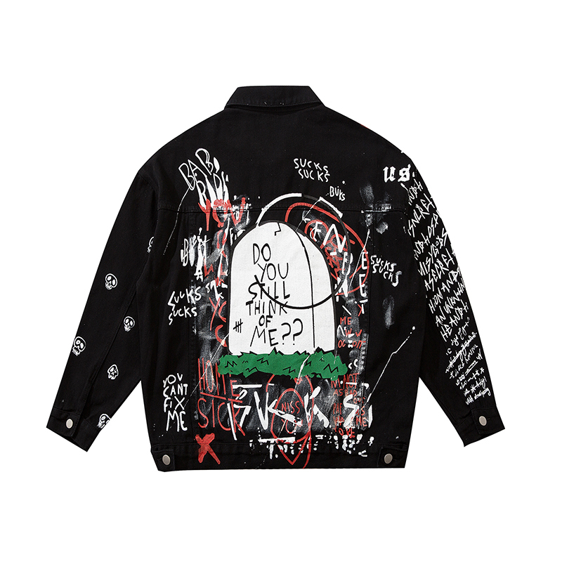 

2021 New Harajuku Graffiti Buraco Desgastado Lavados Retro Oversize Denim Casaco Bluso Hip Hop Jeans Jaquetas Qwau, Black