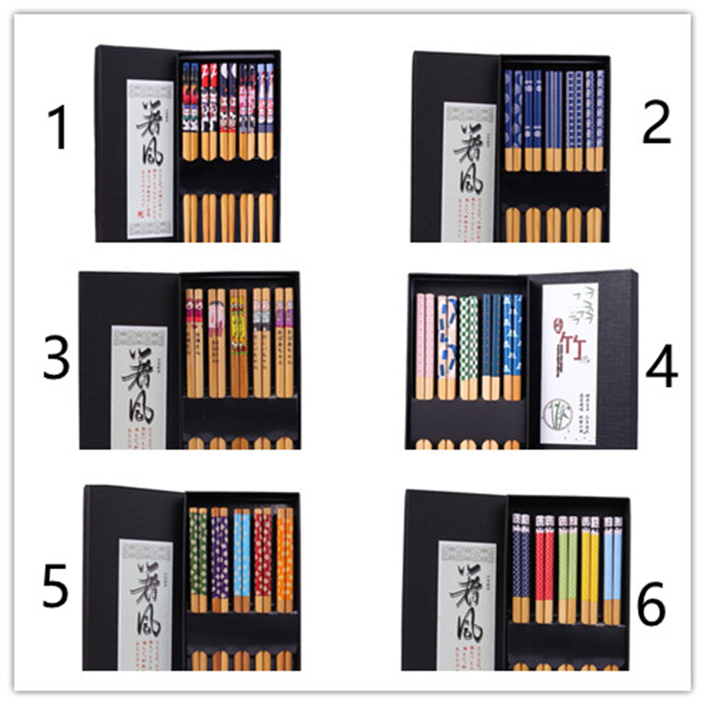 

5 Pairs Japanese Natural Bamboo Chopsticks Reusable Chopstick Gift Set Tableware Washable for Dishwasher