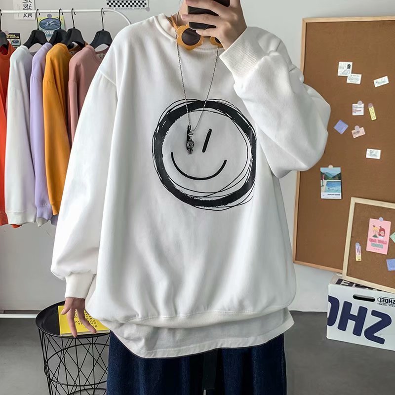 

men's hoodies & sweatshirts spring autumn harajuku hoodies of korean-style men trend to print smiley sweater casual male loose clothes, Black