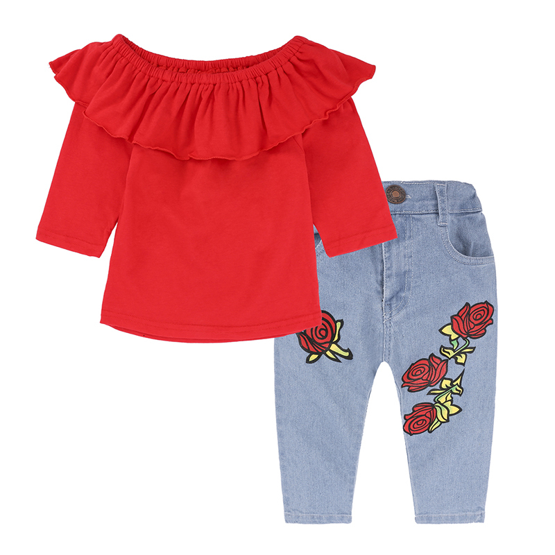 

2021 New Summer Kids Suit Fashion Baby Girl Clothes Short Sleeve Cotton Red Tops+jeans Children Clothing Set 1-6 Years Gjh8, As picture