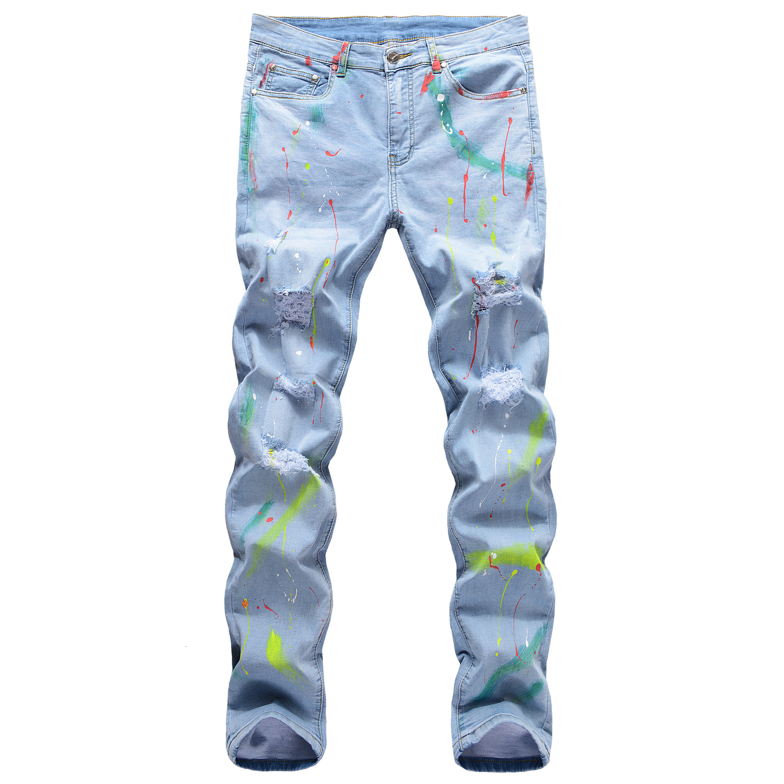 

2021 New American Men's Male Treet Hip-hop Hand-painted Cat Whiskers Splash Ink Color Paint Elastic Hole Straight Denim Trousers 7eqr, Beige