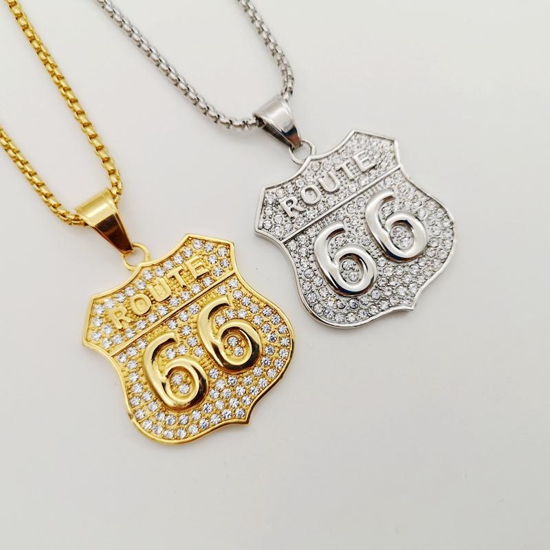 Pendant Necklaces Iced Out Bling US Historic Route 66 Necklace Full Rhinestones Stainless Steel Jewelry Fashion-image-708518624