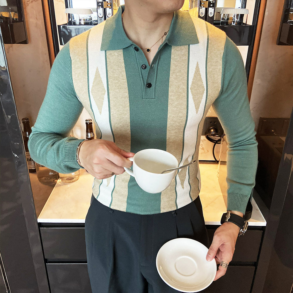 

2021 New Stitching Color Winter Brand Korean Slim Mens Lapel Casual Stripe Knitted Sweater Men Herren Pullover Autumn X1vn, Green