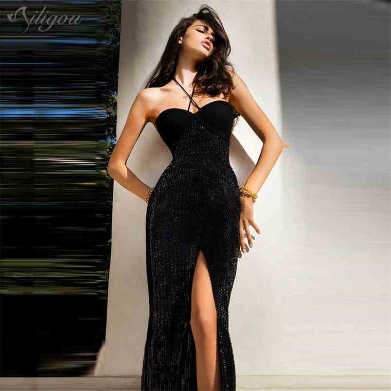 

Summer High Quality Black Long Sequins Strapless V-Neck Fashion Tight Dress Nightclub Party 210525