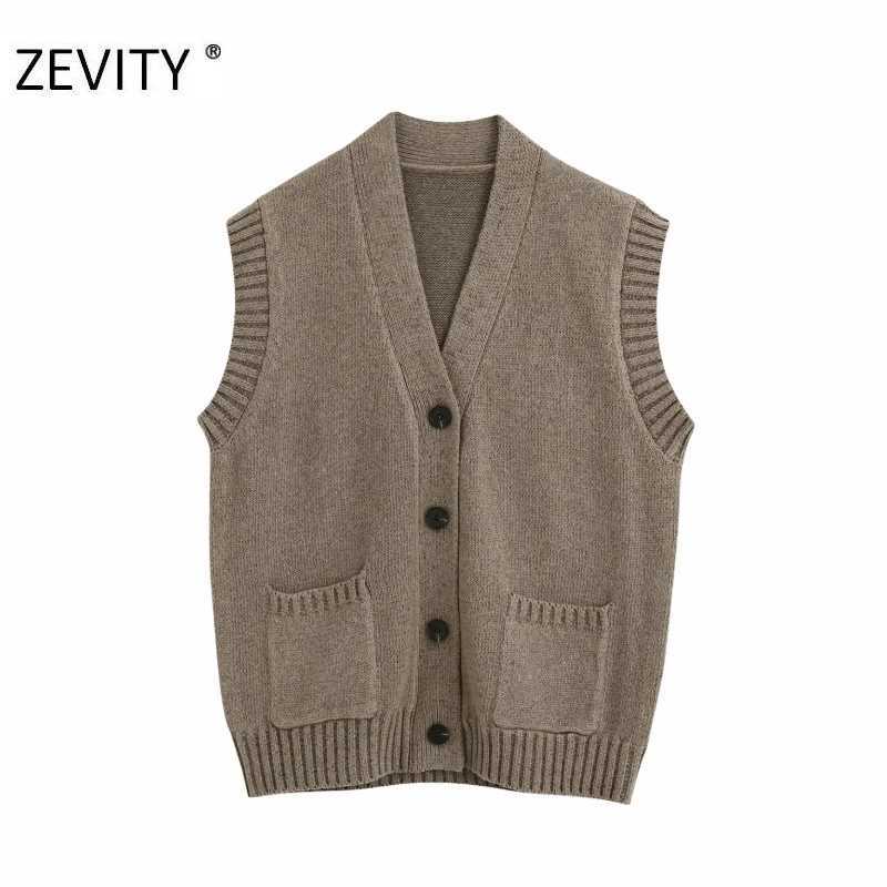 

ZEVITY women fashion v neck breasted knitting casual sweater female leisure pockets sleeveless vest sweater coat tops S377 210603, As pic s377bb