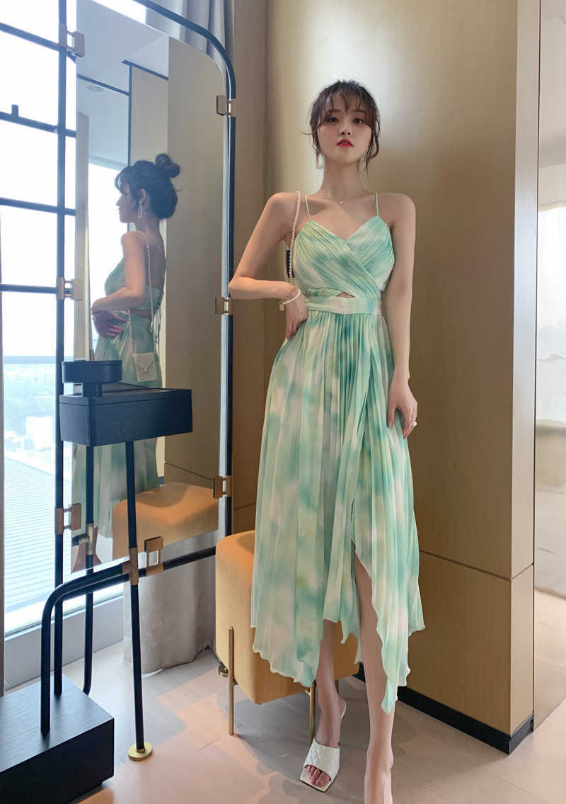 

Beach summer sexy V-neck halter chiffon irregular pleated dress Office Lady Sleeveless Knee-Length Polyester 210603, Clear