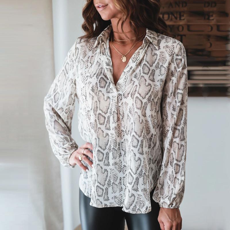 

Women's Blouses & Shirts Fashion Serpentine Print Blouse Shirt Loose V-Neck Tops Tee Summer Casual Ladies Female Women Long Sleeve Blusas Pu, White